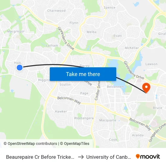 Beaurepaire Cr Before Trickett St to University of Canberra map