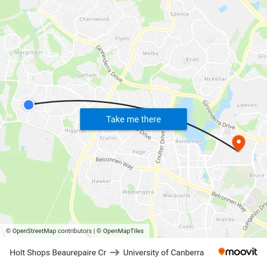 Holt Shops Beaurepaire Cr to University of Canberra map