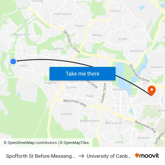 Spofforth St Before Messenger St to University of Canberra map