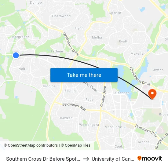 Southern Cross Dr Before Spofforth St to University of Canberra map