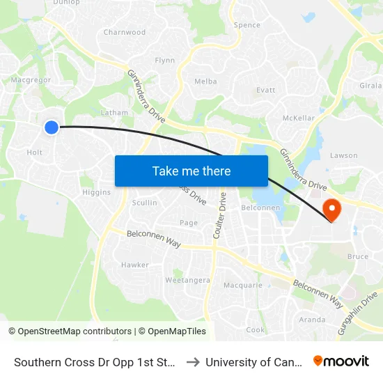 Southern Cross Dr Opp 1st Starke St to University of Canberra map