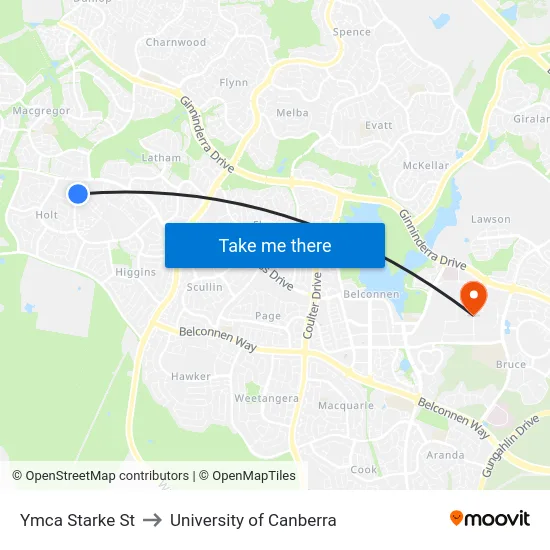 Ymca Starke St to University of Canberra map