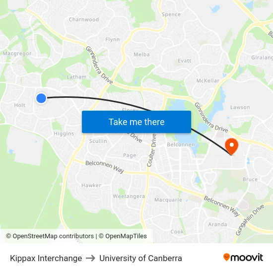 Kippax Interchange to University of Canberra map