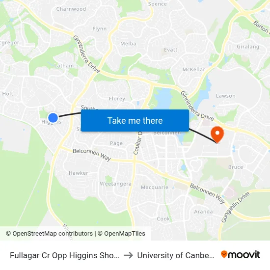 Fullagar Cr Opp Higgins Shops to University of Canberra map