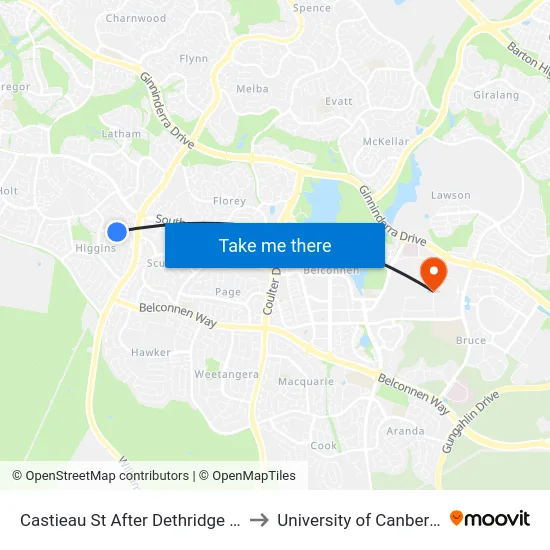Castieau St After Dethridge St to University of Canberra map