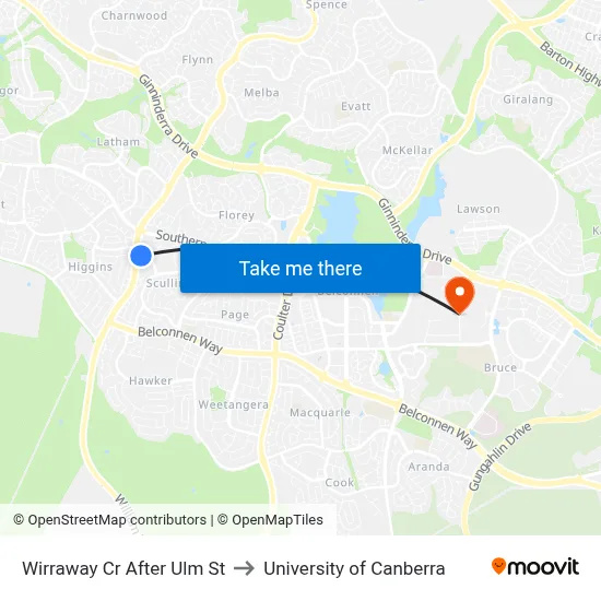 Wirraway Cr After Ulm St to University of Canberra map