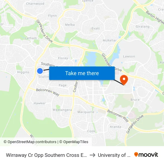 Wirraway Cr Opp Southern Cross Early Childhood Sch to University of Canberra map