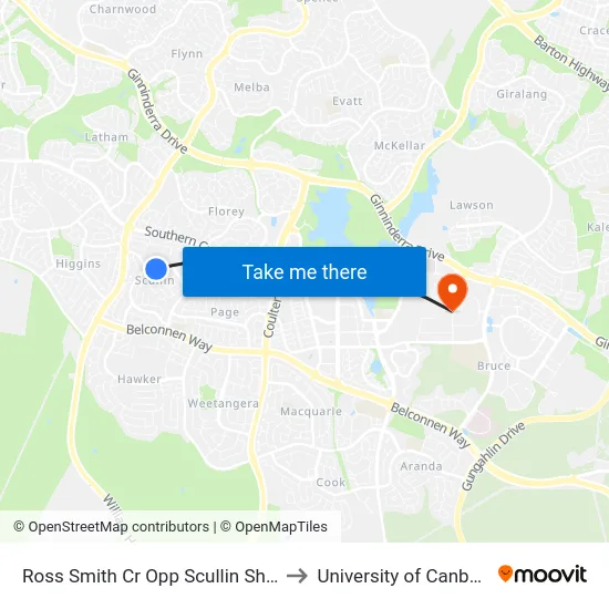 Ross Smith Cr Opp Scullin Shops to University of Canberra map
