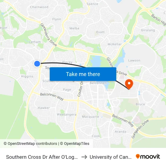 Southern Cross Dr After O'Loghlen St to University of Canberra map