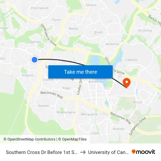 Southern Cross Dr Before 1st Starke St to University of Canberra map