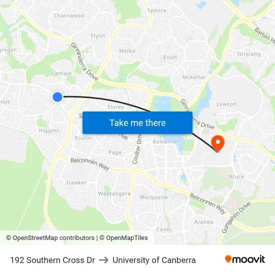 192 Southern Cross Dr to University of Canberra map