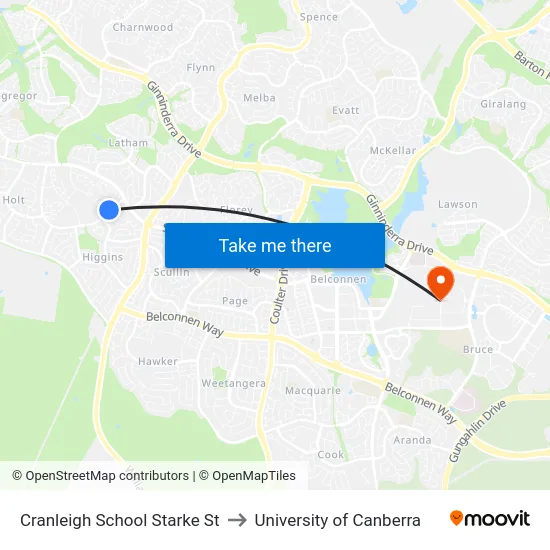 Cranleigh School Starke St to University of Canberra map