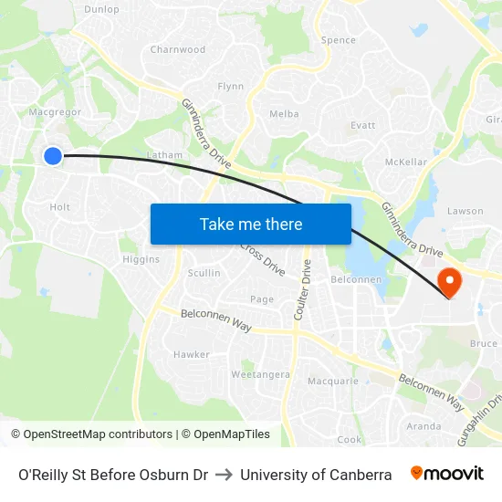 O'Reilly St Before Osburn Dr to University of Canberra map