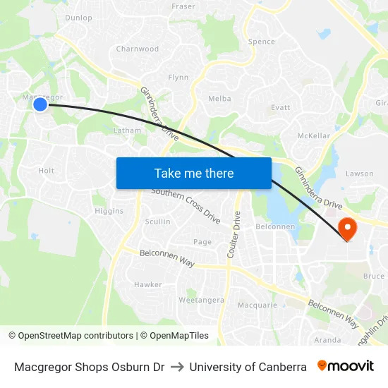 Macgregor Shops Osburn Dr to University of Canberra map