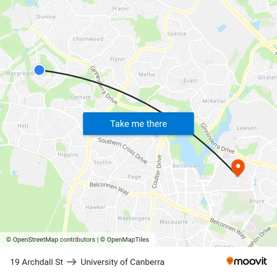19 Archdall St to University of Canberra map