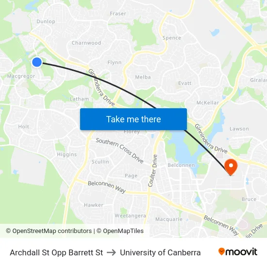 Archdall St Opp Barrett St to University of Canberra map