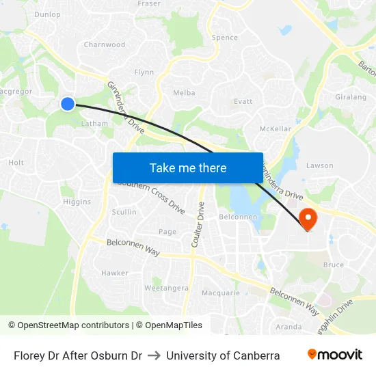 Florey Dr After Osburn Dr to University of Canberra map