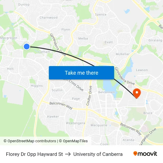 Florey Dr Opp Hayward St to University of Canberra map
