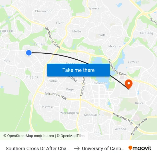Southern Cross Dr After Chave St to University of Canberra map