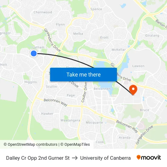 Dalley Cr Opp 2nd Gurner St to University of Canberra map