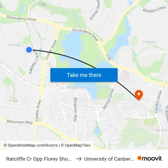 Ratcliffe Cr Opp Florey Shops to University of Canberra map