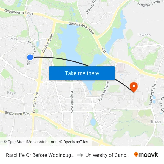 Ratcliffe Cr Before Woolnough St to University of Canberra map