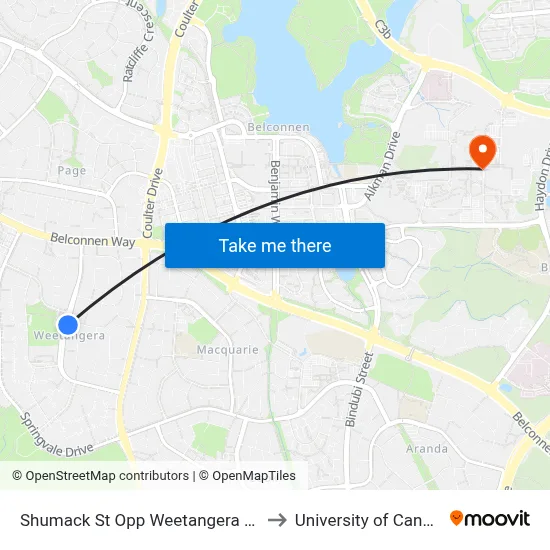 Shumack St Opp Weetangera Shops to University of Canberra map