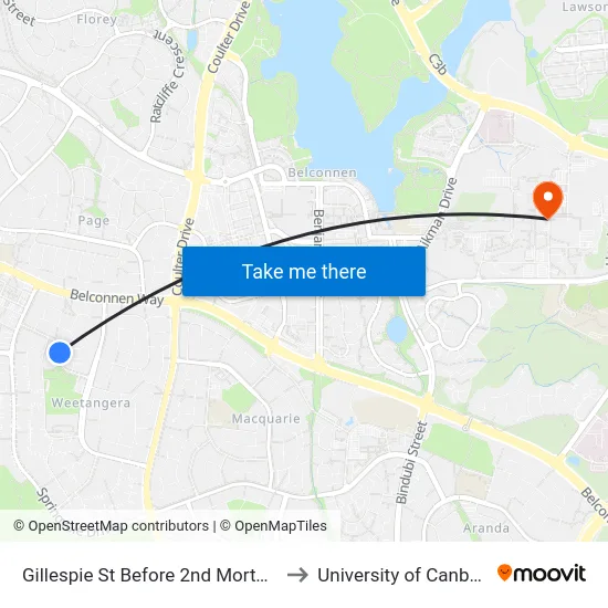 Gillespie St Before 2nd Morton St to University of Canberra map