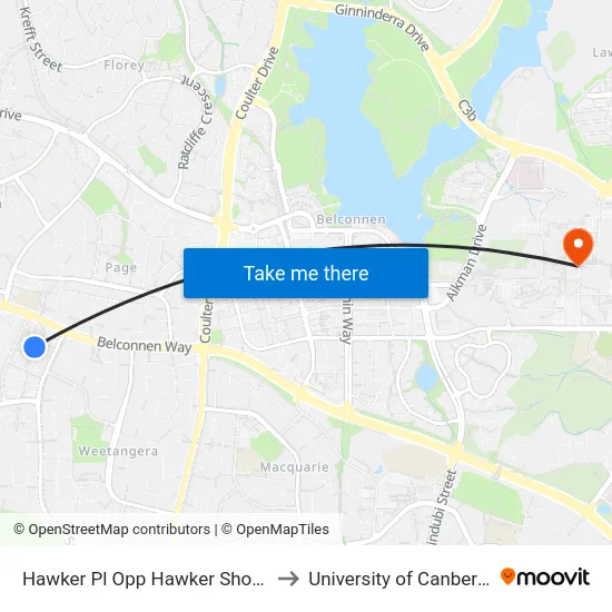 Hawker Pl Opp Hawker Shops to University of Canberra map