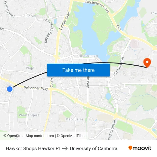 Hawker Shops Hawker Pl to University of Canberra map