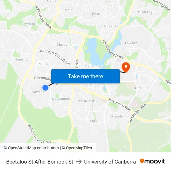 Beetaloo St After Bonrook St to University of Canberra map