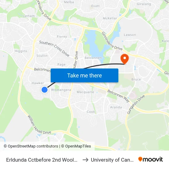 Erldunda Cctbefore 2nd Woolner Cct to University of Canberra map