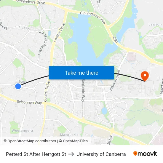 Petterd St After Herrgott St to University of Canberra map