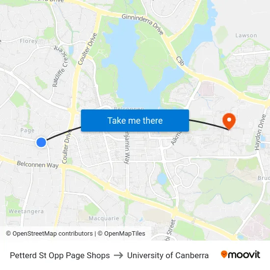 Petterd St Opp Page Shops to University of Canberra map