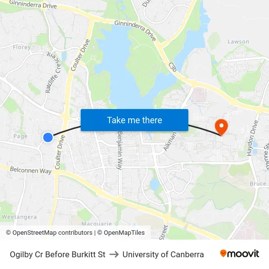 Ogilby Cr Before Burkitt St to University of Canberra map
