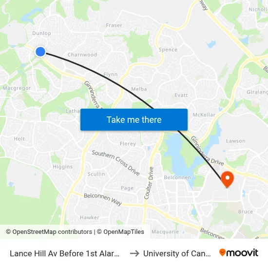 Lance Hill Av Before 1st Alarmon Cr to University of Canberra map