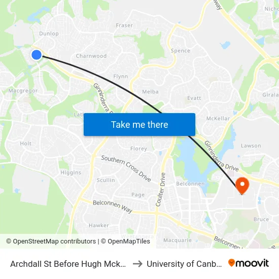 Archdall St Before Hugh Mckay Cr to University of Canberra map