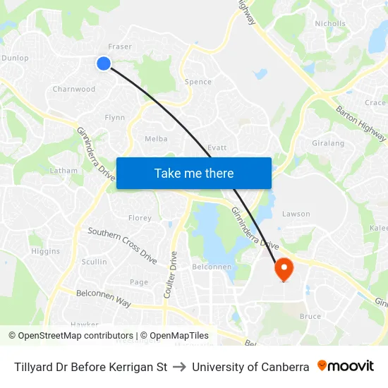 Tillyard Dr Before Kerrigan St to University of Canberra map