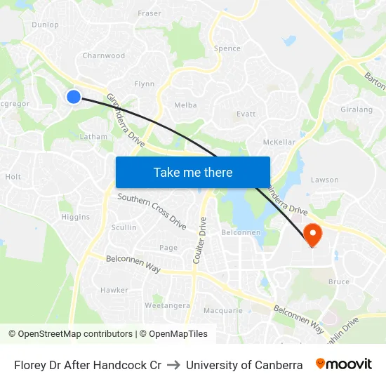 Florey Dr After Handcock Cr to University of Canberra map