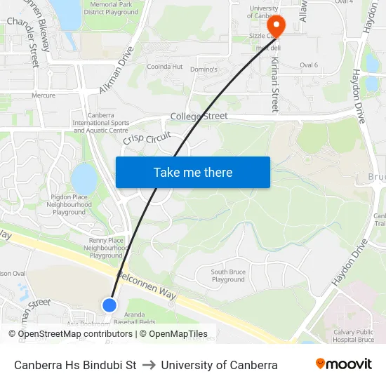 Canberra Hs Bindubi St to University of Canberra map