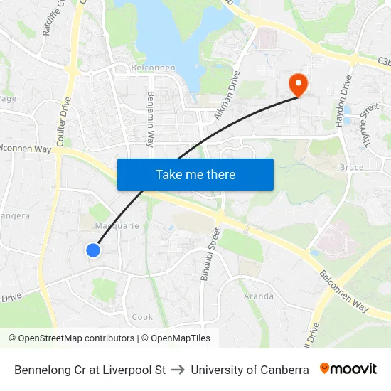 Bennelong Cr at Liverpool St to University of Canberra map