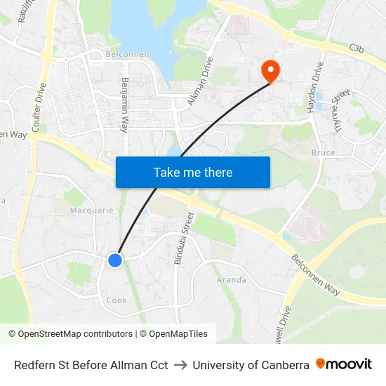 Redfern St Before Allman Cct to University of Canberra map