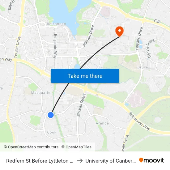 Redfern St Before Lyttleton Cr to University of Canberra map