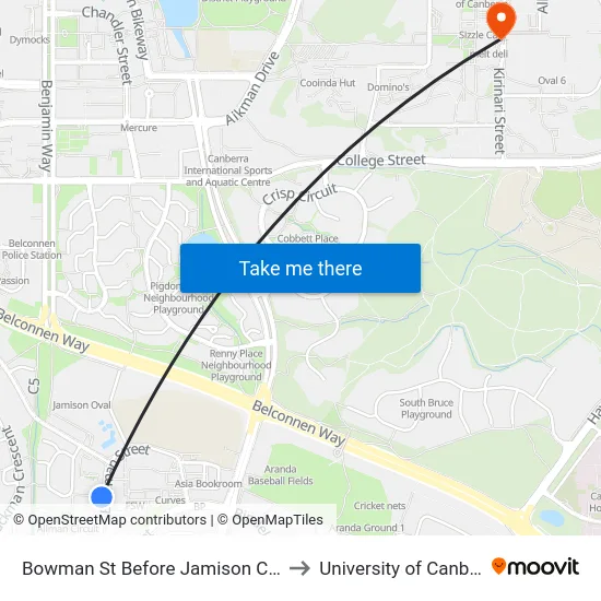 Bowman St Before Jamison Centre to University of Canberra map