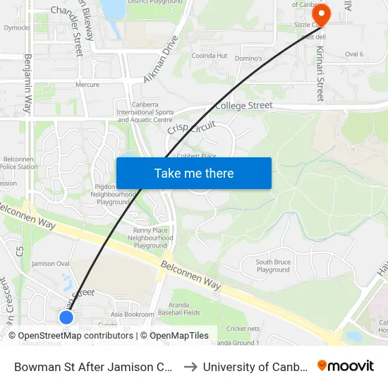 Bowman St After Jamison Centre to University of Canberra map