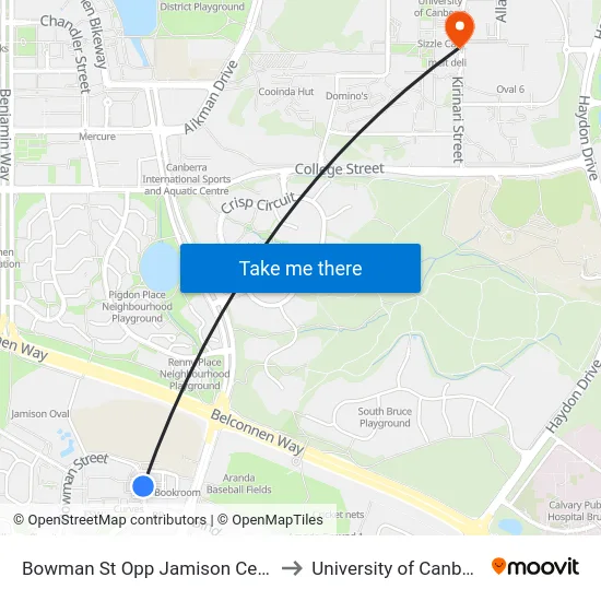 Bowman St Opp Jamison Centre to University of Canberra map