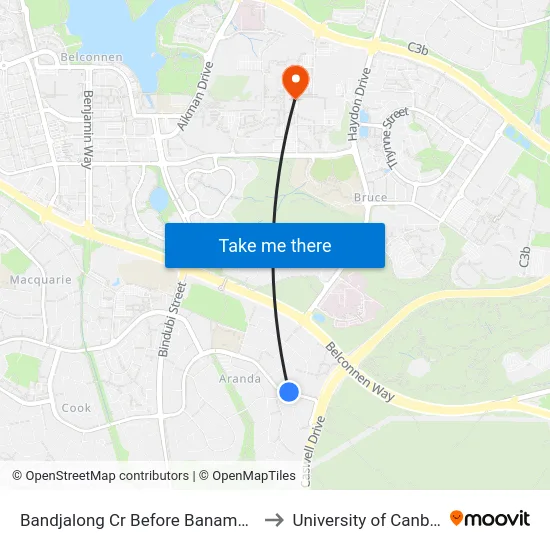 Bandjalong Cr Before Banambila St to University of Canberra map