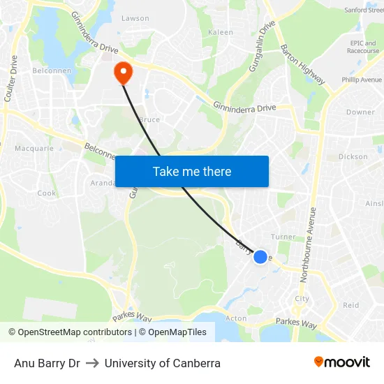 Anu Barry Dr to University of Canberra map