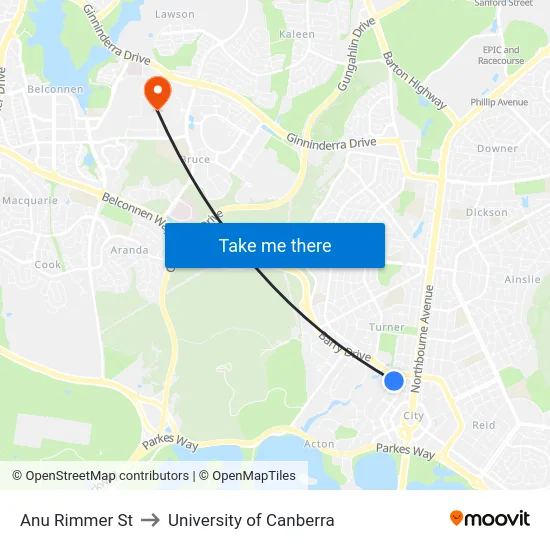 Anu Rimmer St to University of Canberra map