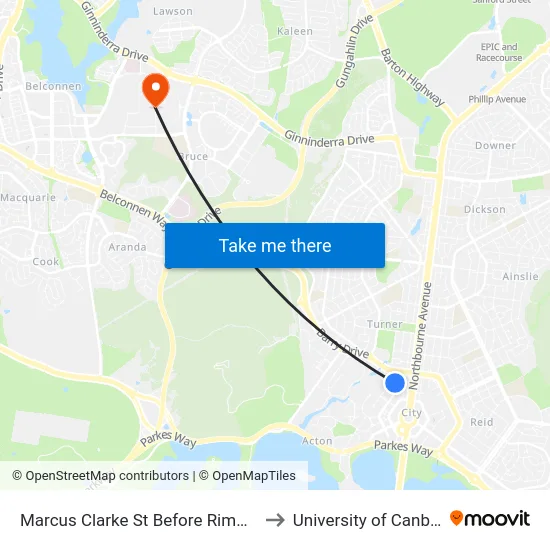 Marcus Clarke St Before Rimmer St to University of Canberra map
